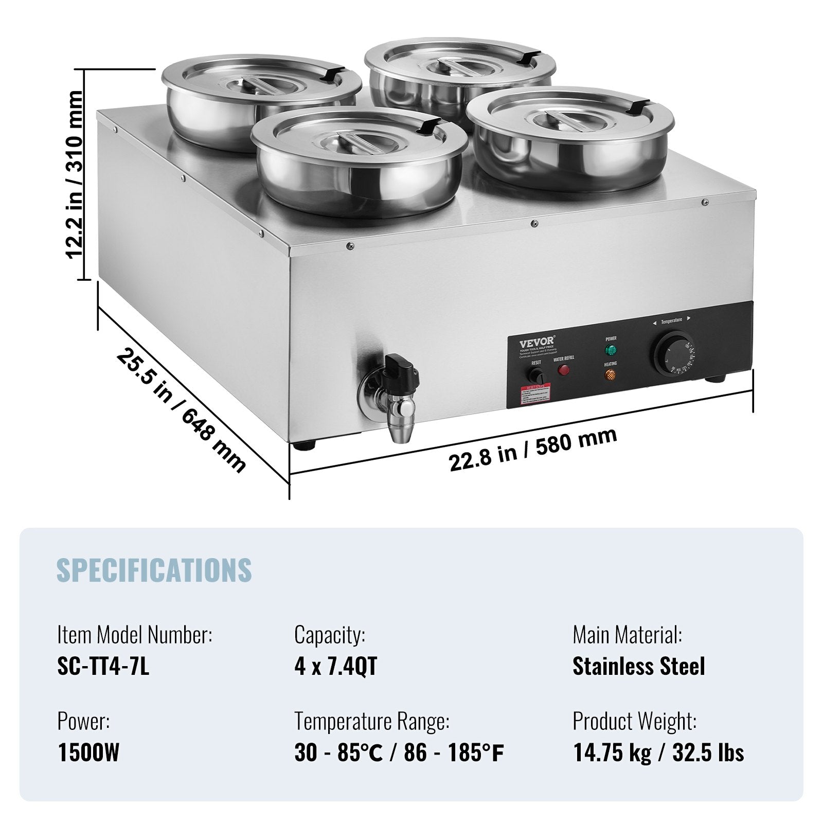 Food Warmers & Chafing Dishes: VEVOR Commercial Soup Warmer Soup Station with 4*7.4Qt Pot Soup Kettle Warmer