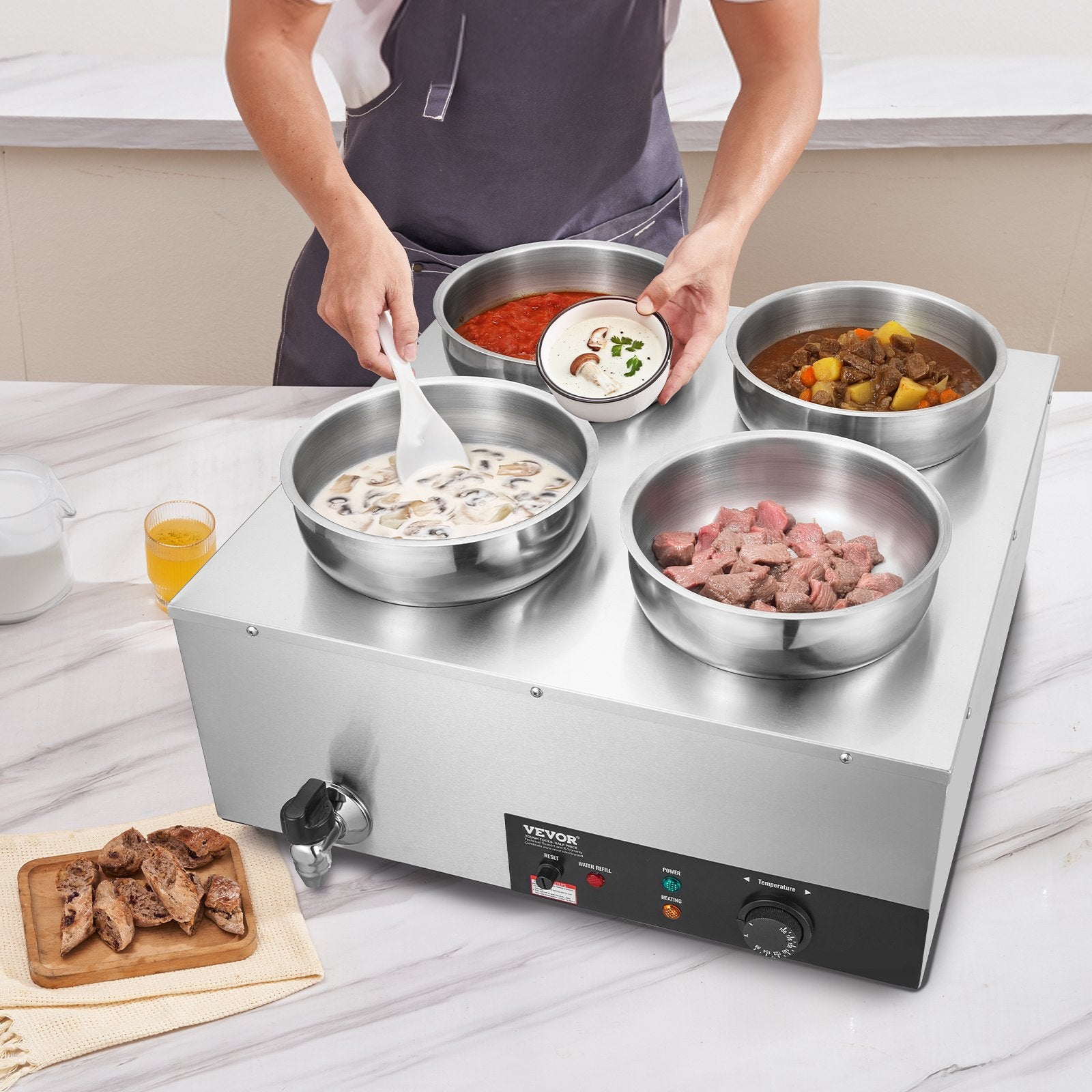 Food Warmers & Chafing Dishes: VEVOR Commercial Soup Warmer Soup Station with 4*7.4Qt Pot Soup Kettle Warmer