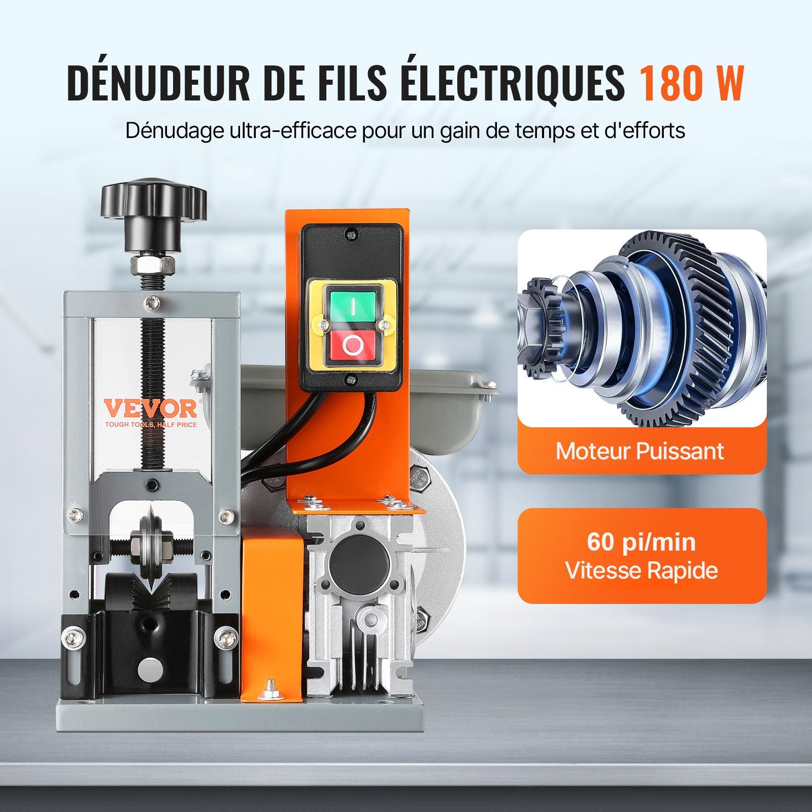 Automatic Wire Stripping Machine, 0.06''-1.18'' Electric Motorized Cable Stripper, 180 W, 60 ft/min Wire Peeler with Visible Stripping Depth Reference, for Scrap Copper Recycling