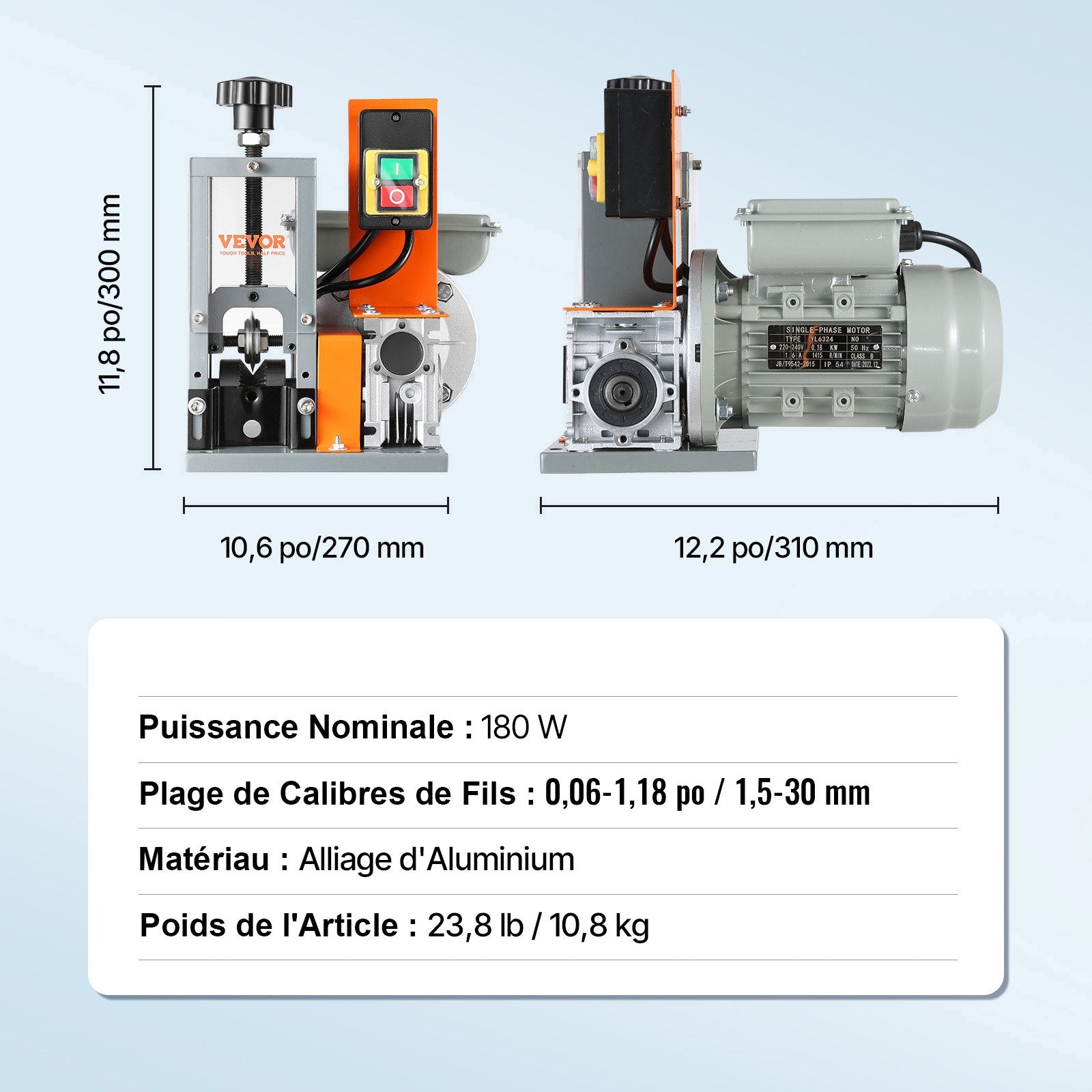 Automatic Wire Stripping Machine, 0.06''-1.18'' Electric Motorized Cable Stripper, 180 W, 60 ft/min Wire Peeler with Visible Stripping Depth Reference, for Scrap Copper Recycling