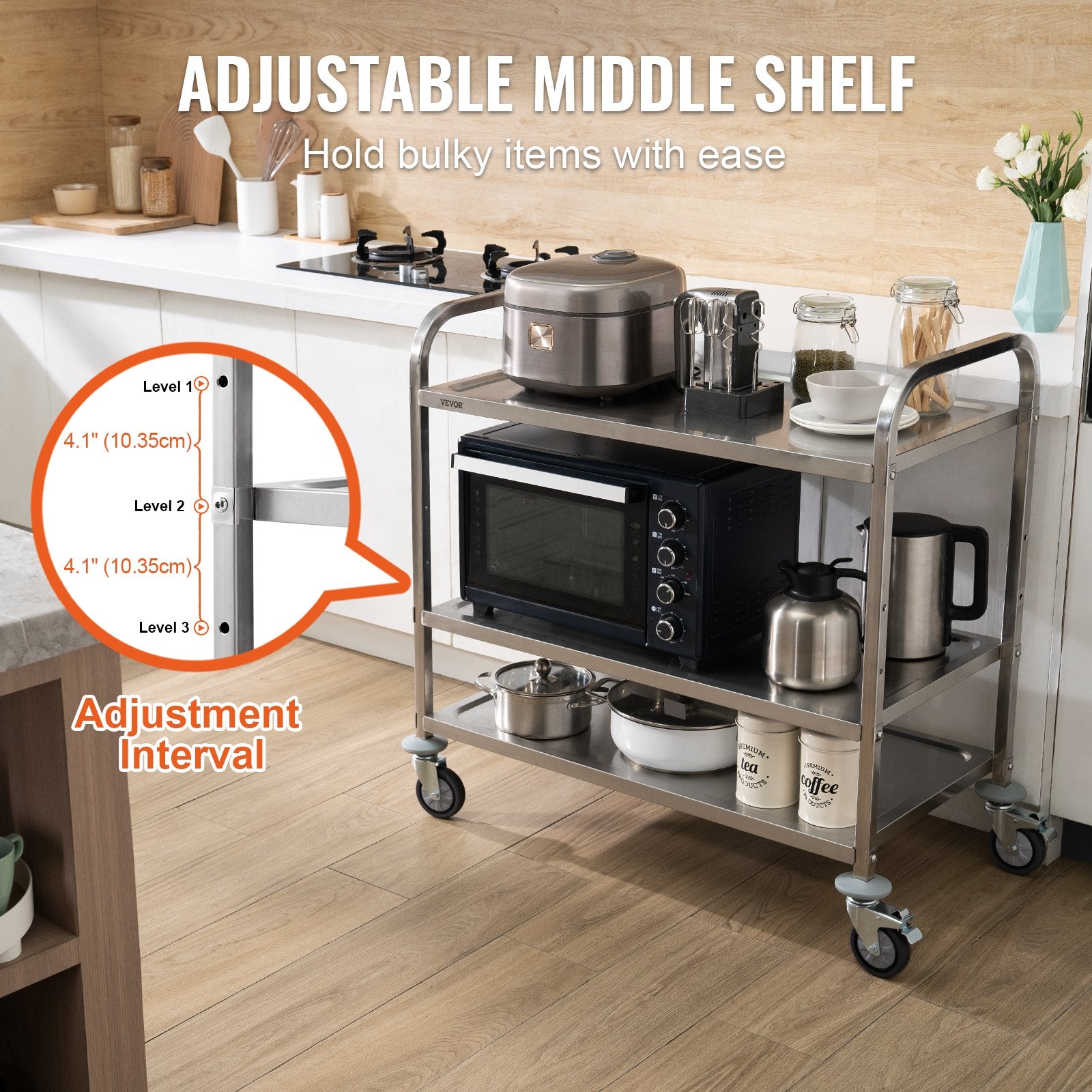 Cat Carriers & Crates: VEVOR 3-Tier Utility Cart Rolling Cart on Wheels 37.5"x20"x37.7" 450 LBS 6 Hooks