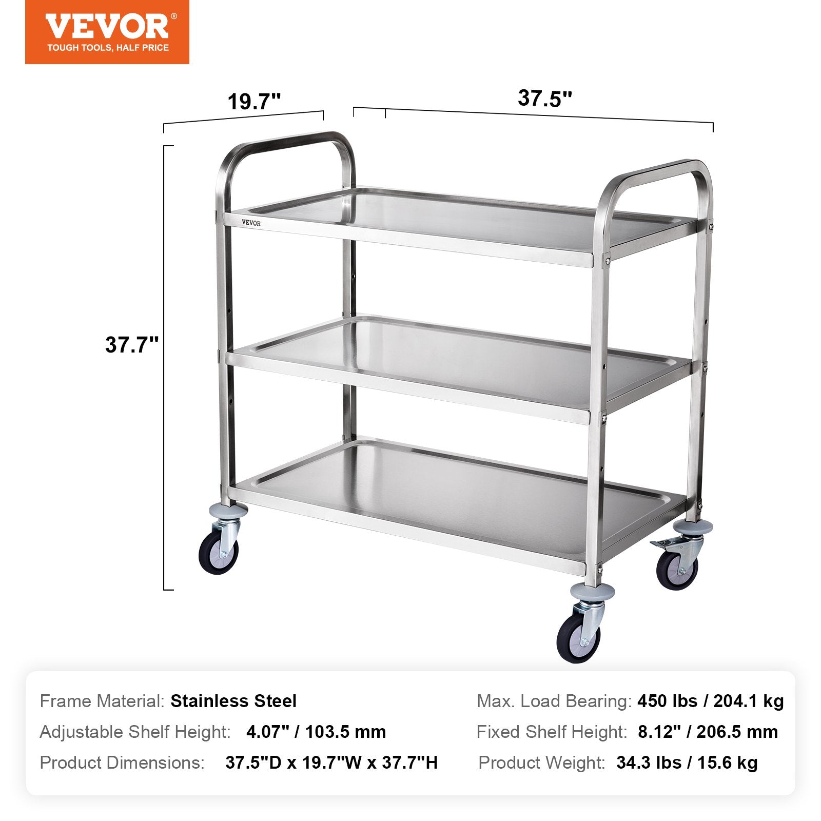 Cat Carriers & Crates: VEVOR 3-Tier Utility Cart Rolling Cart on Wheels 37.5"x20"x37.7" 450 LBS 6 Hooks