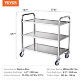 Cat Carriers & Crates: VEVOR 3-Tier Utility Cart Rolling Cart on Wheels 37.5"x20"x37.7" 450 LBS 6 Hooks
