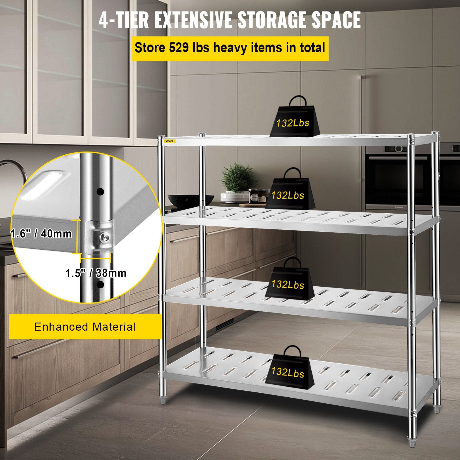 Kitchen & Bathroom DIY: VEVOR Garage Shelf Heavy Duty Shelving 4-Tier 150x45x155cm Stainless Steel