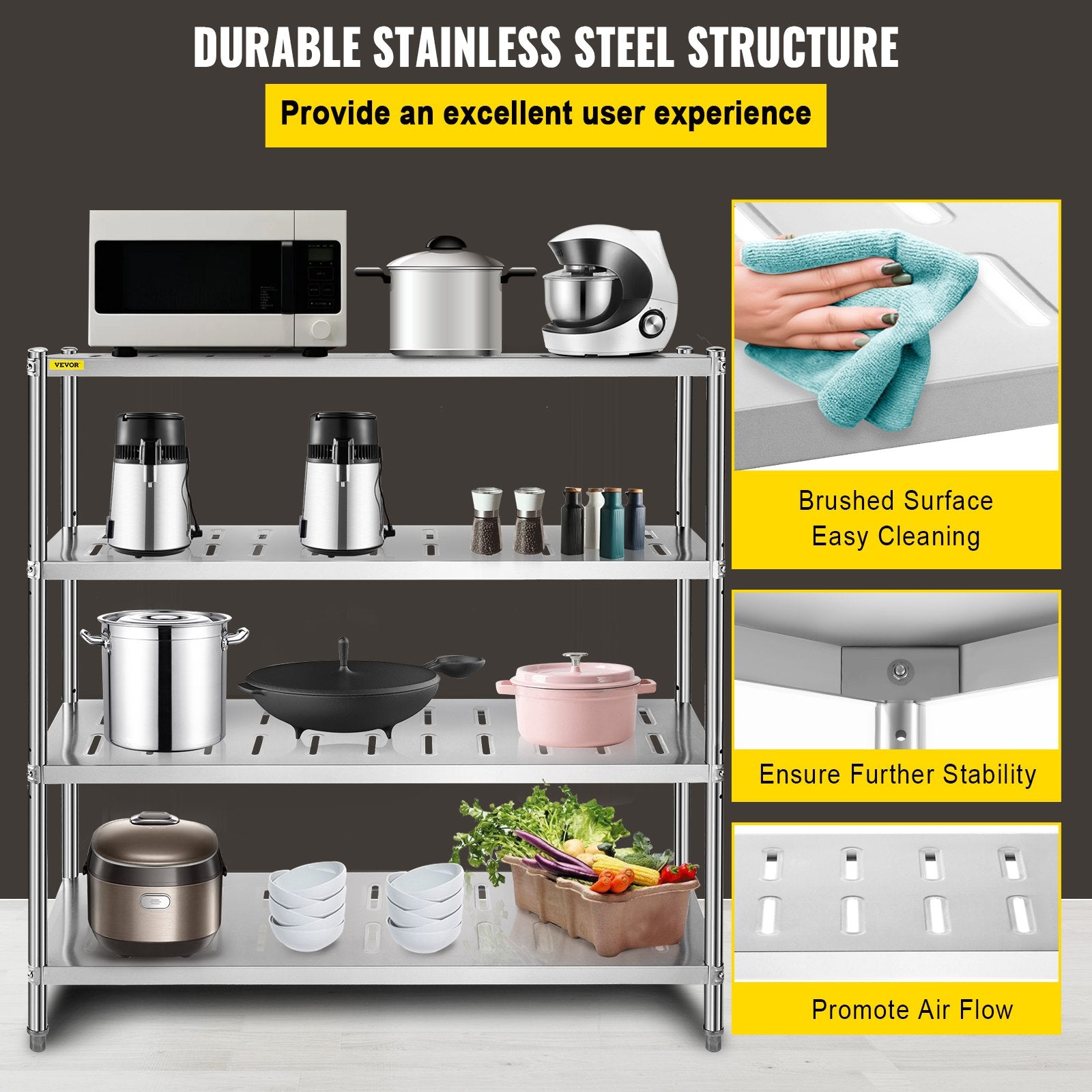 Kitchen & Bathroom DIY: VEVOR Garage Shelf Heavy Duty Shelving 4-Tier 150x45x155cm Stainless Steel