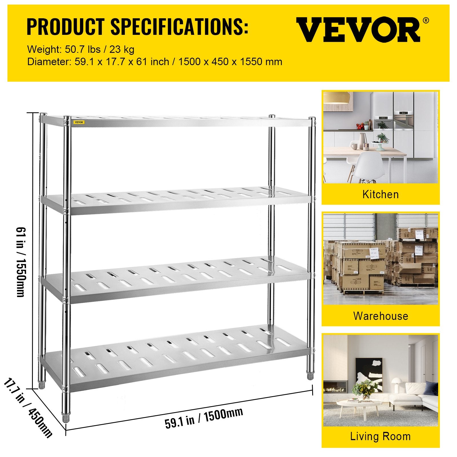Kitchen & Bathroom DIY: VEVOR Garage Shelf Heavy Duty Shelving 4-Tier 150x45x155cm Stainless Steel