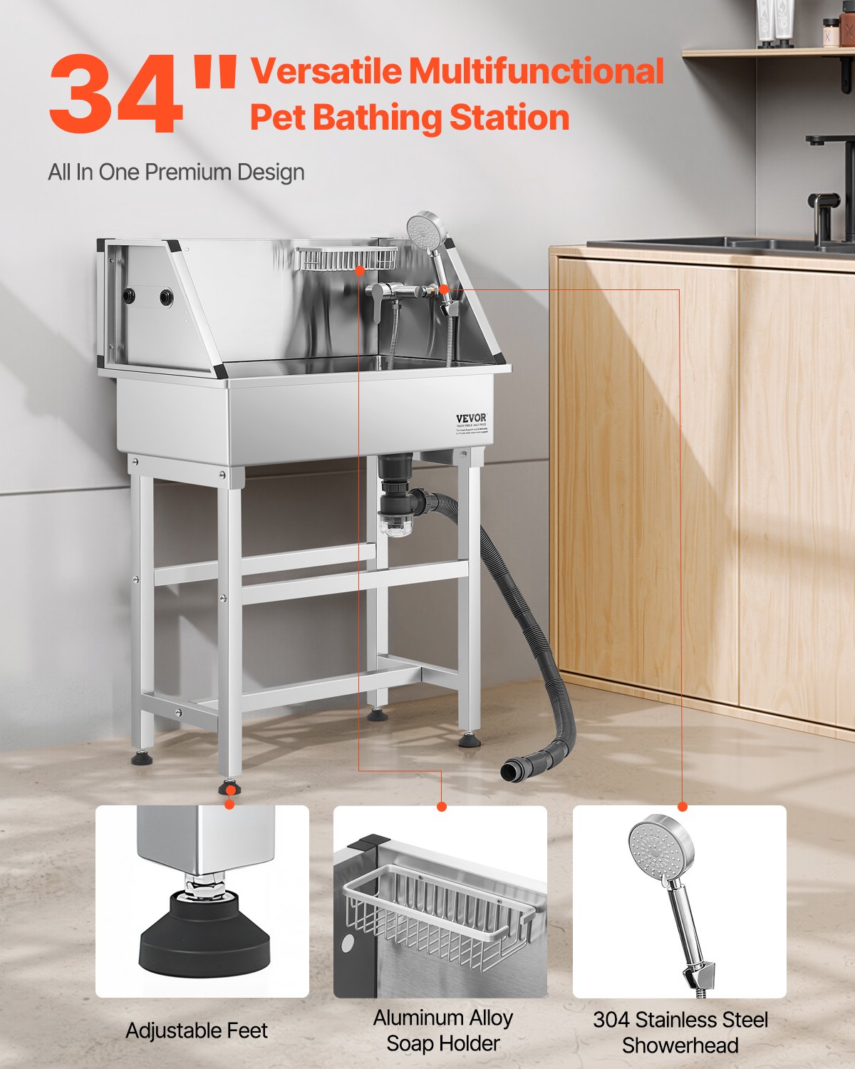 Basketball & Basketball Accessories: VEVOR 86.4 cm Stainless Steel Dog Washing Station, Pet Grooming Tub with Hot & Cold Faucet, Showerhead, Storage Rack, No-Bend All-in-One Bathtub, Home Wash Sink, Fits Small Cats and Dogs