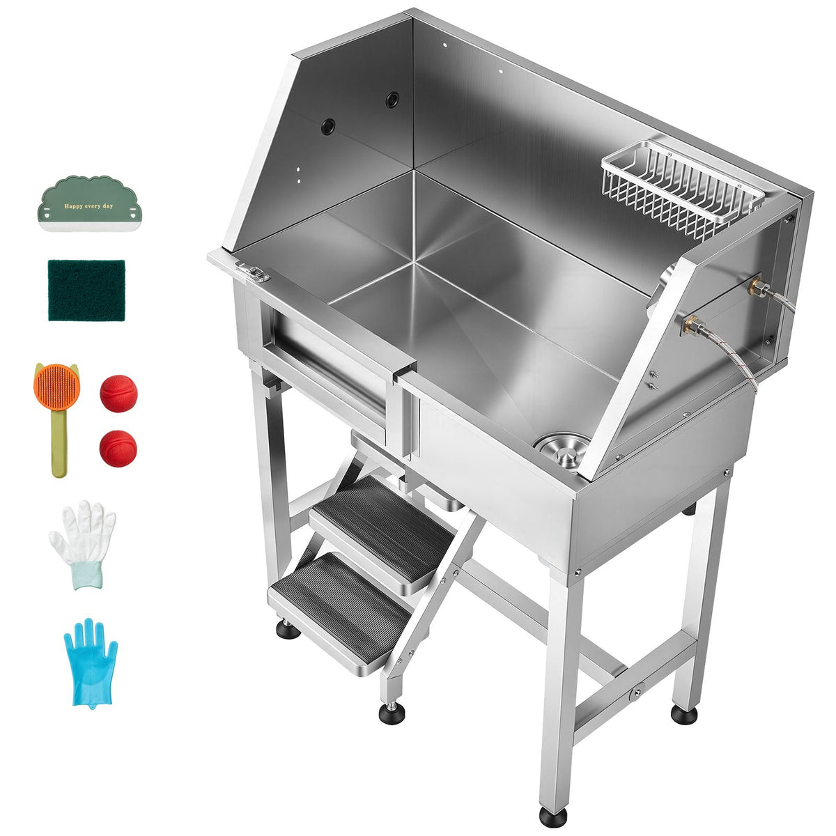 86.4 cm Dog Washing Station, Stainless Steel Pet Grooming Tub Bathtub, Professional Dog Wash Sink with Shower, Faucet, Soap Holder, Non-Slip Stairs Easy-Clean for Small Pets Cats (Left Door)