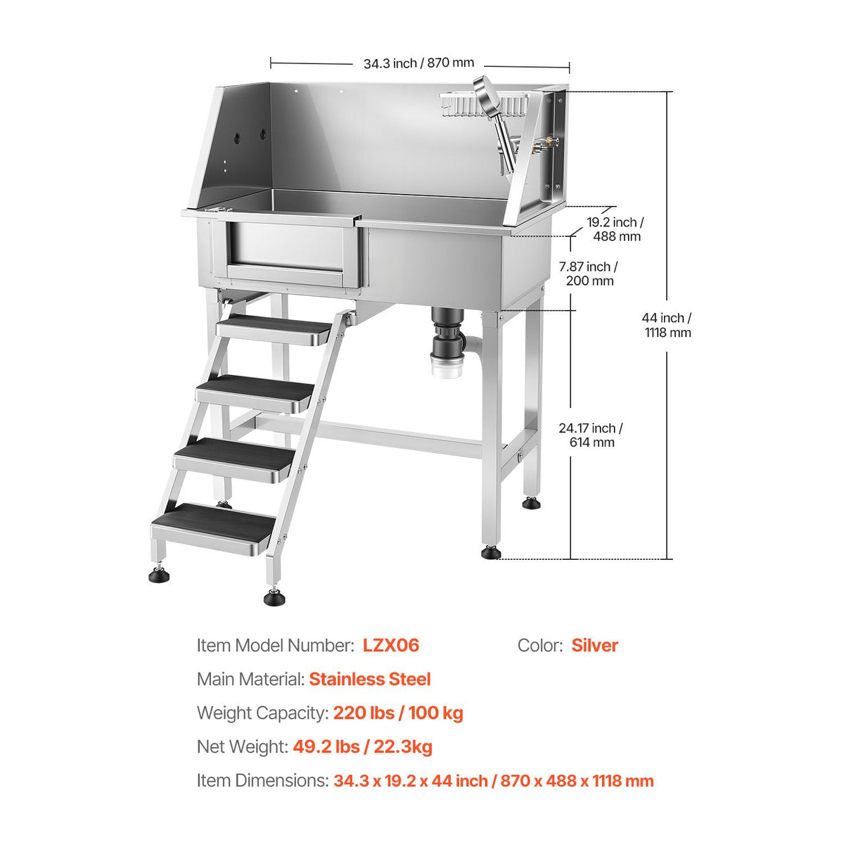 86.4 cm Dog Washing Station, Stainless Steel Pet Grooming Tub Bathtub, Professional Dog Wash Sink with Shower, Faucet, Soap Holder, Non-Slip Stairs Easy-Clean for Small Pets Cats (Left Door)