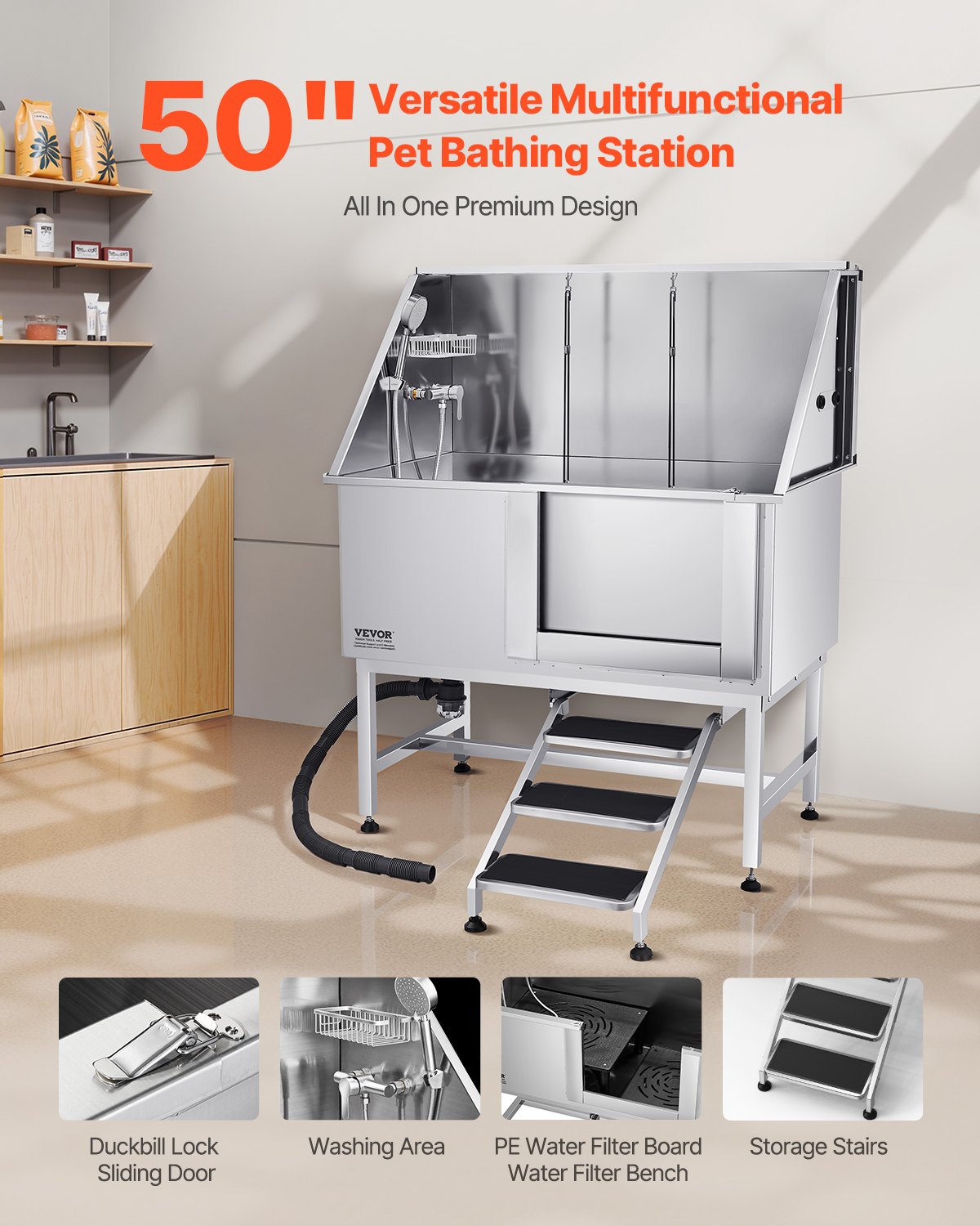 Pet Grooming Supplies: VEVOR 127 cm Dog Grooming Bath Tub Stainless Steel w Stairs Water Filter