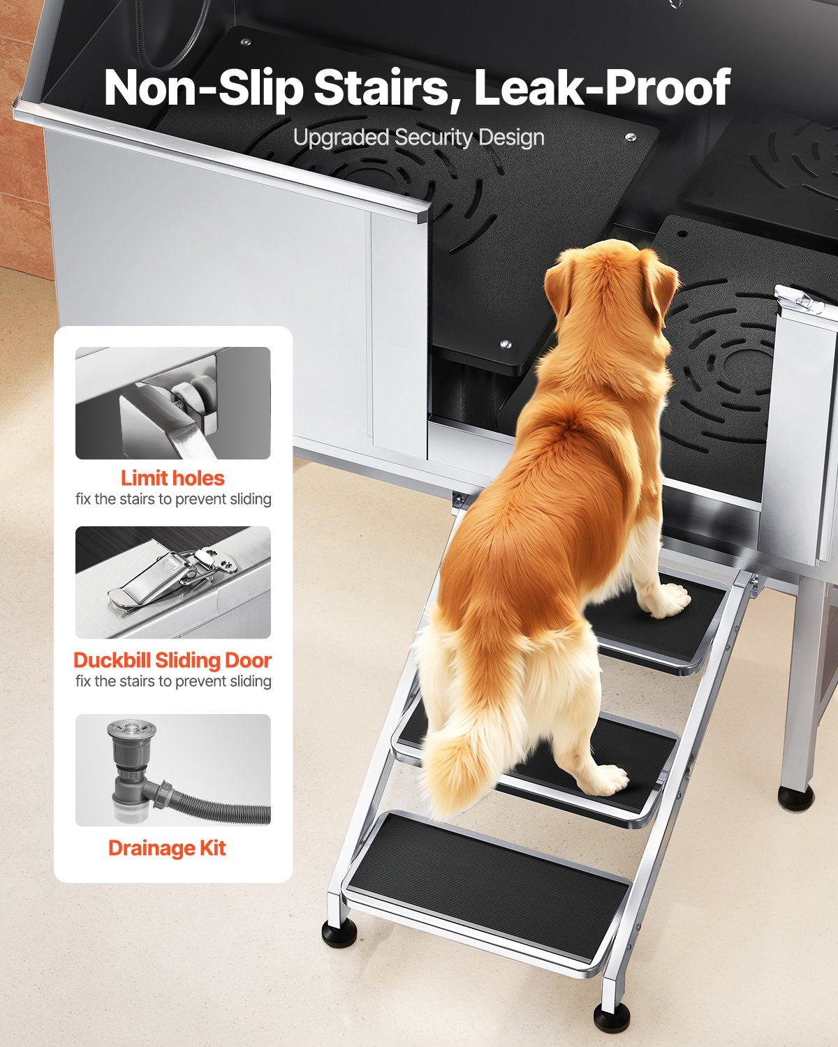 Pet Grooming Supplies: VEVOR 127 cm Dog Grooming Bath Tub Stainless Steel w Stairs Water Filter