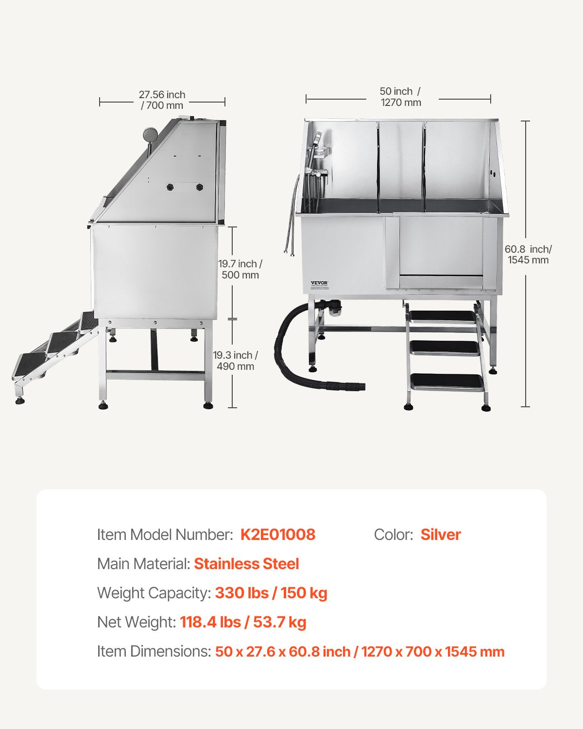 Pet Grooming Supplies: VEVOR 127 cm Dog Grooming Bath Tub Stainless Steel w Stairs Water Filter