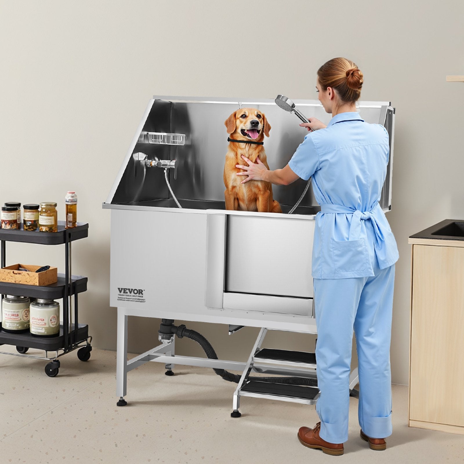 Pet Grooming Supplies: VEVOR 127 cm Dog Grooming Bath Tub Stainless Steel w Stairs Water Filter
