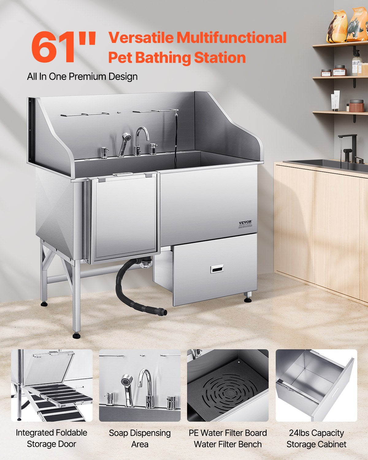 Pet Grooming Supplies: VEVOR 155 cm Dog Grooming Bath Tub Stainless Steel w Ramp Water Filter Left