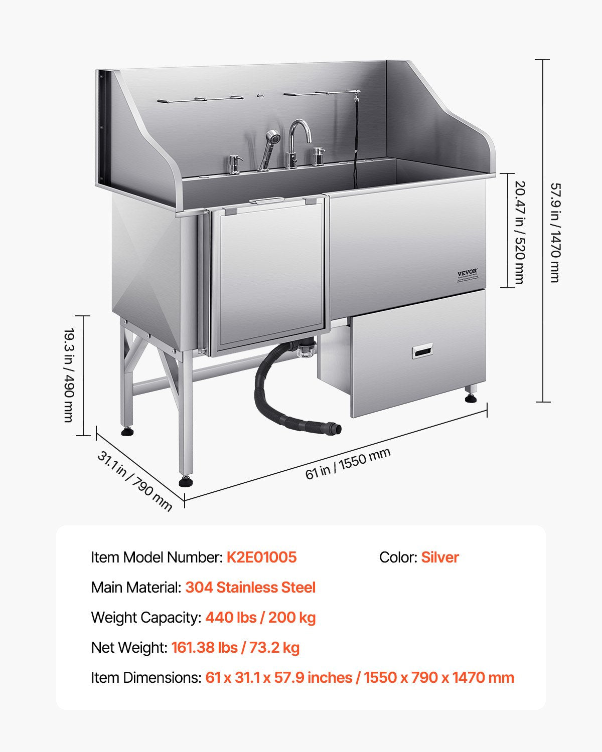 Pet Grooming Supplies: VEVOR 155 cm Dog Grooming Bath Tub Stainless Steel w Ramp Water Filter Left