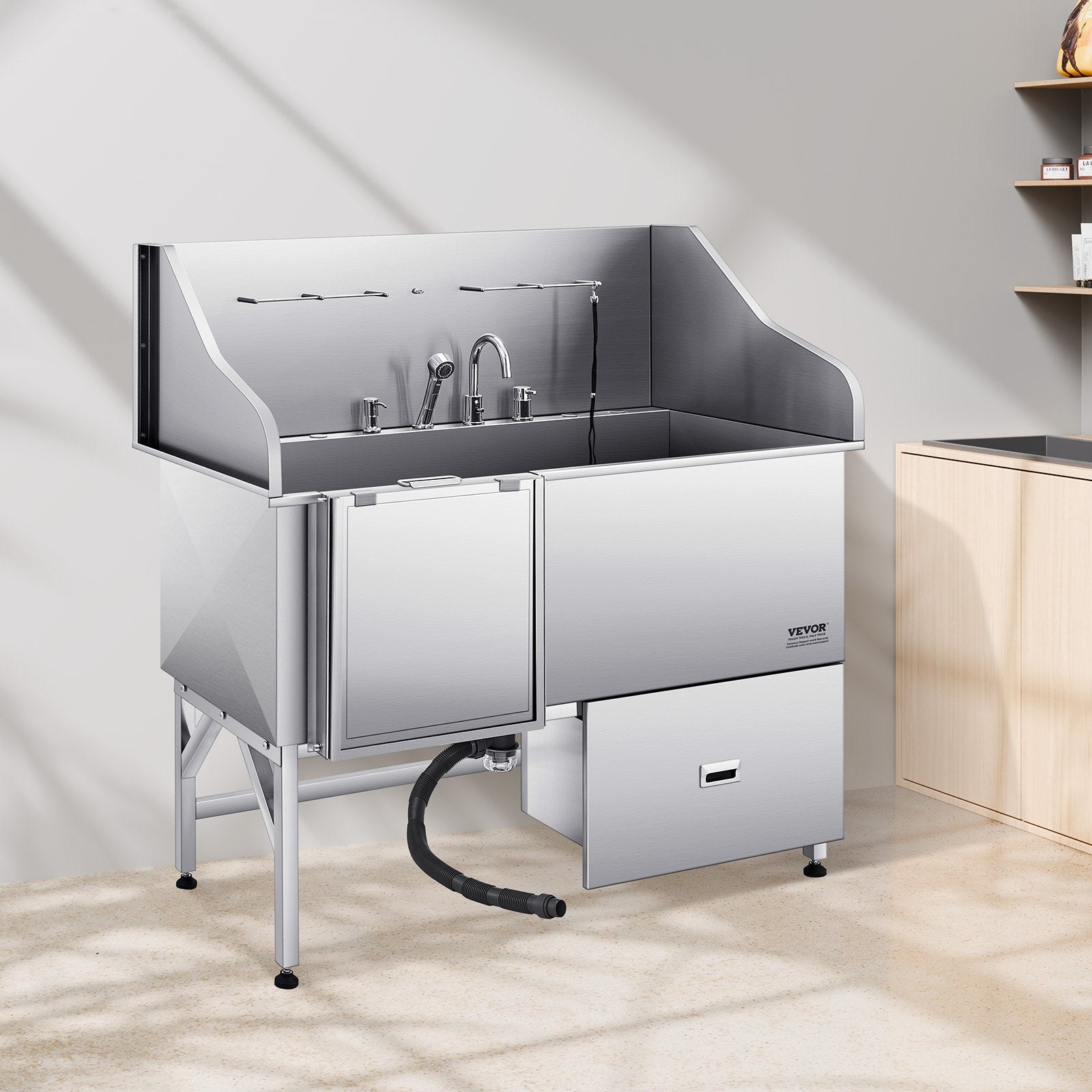 Pet Grooming Supplies: VEVOR 155 cm Dog Grooming Bath Tub Stainless Steel w Ramp Water Filter Left