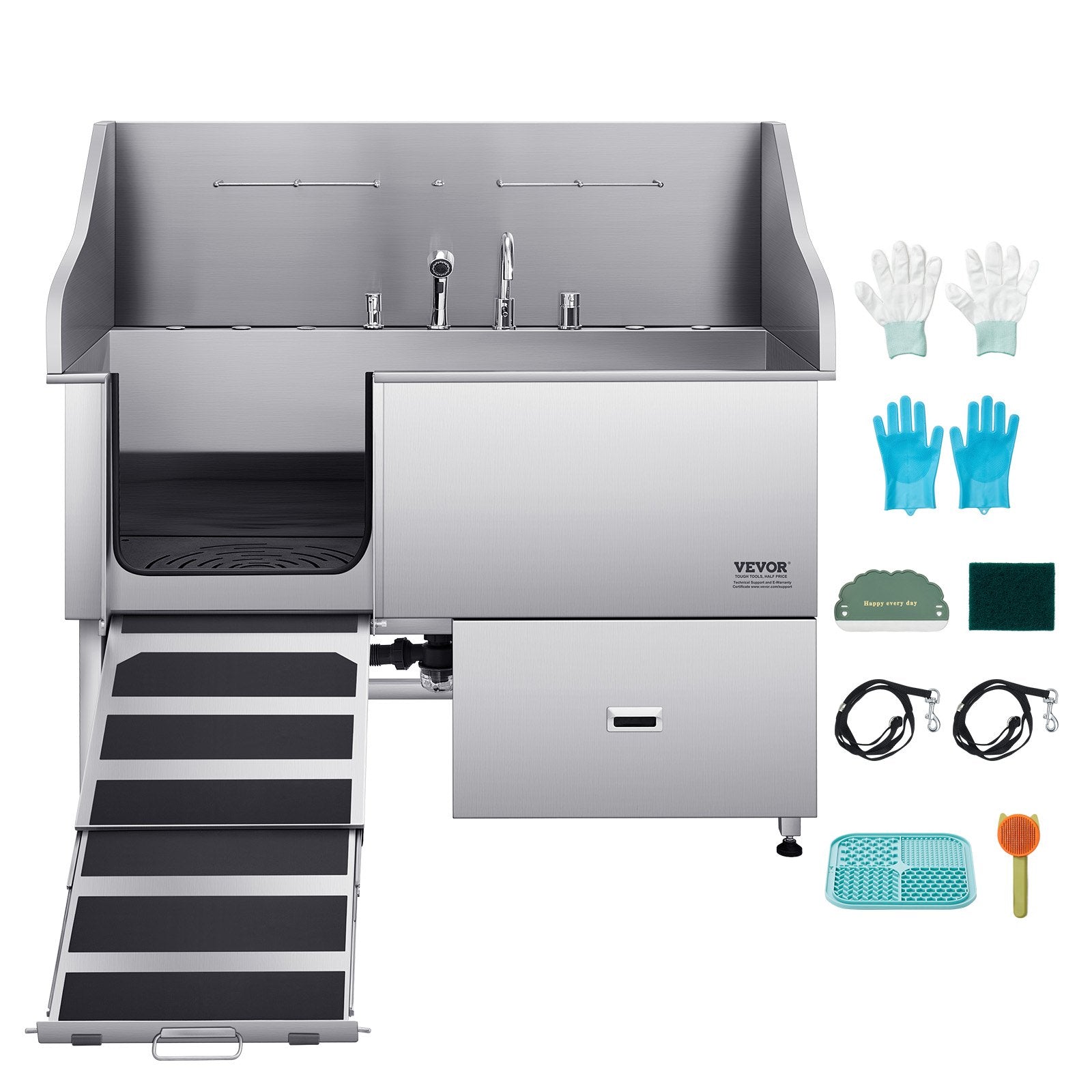 Pet Grooming Supplies: VEVOR 155 cm Dog Grooming Bath Tub Stainless Steel w Ramp Water Filter Left
