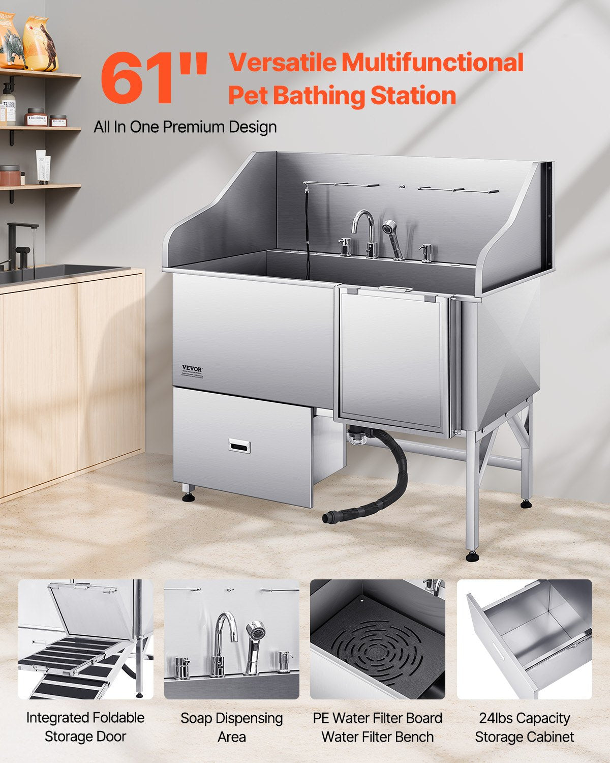 Pet Grooming Supplies: VEVOR 155 cm Dog Grooming Bath Tub Stainless Steel w Ramp Water Filter