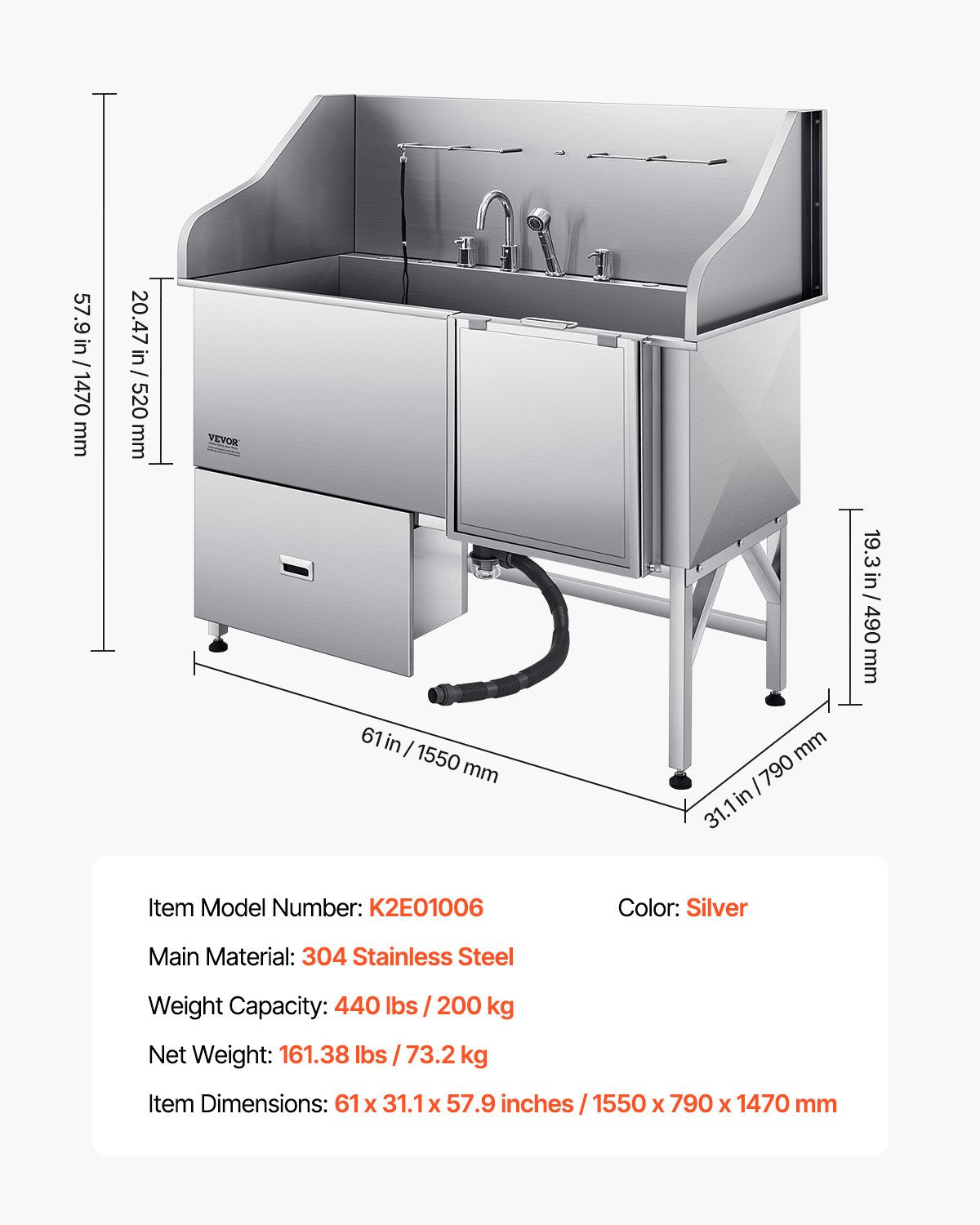Pet Grooming Supplies: VEVOR 155 cm Dog Grooming Bath Tub Stainless Steel w Ramp Water Filter