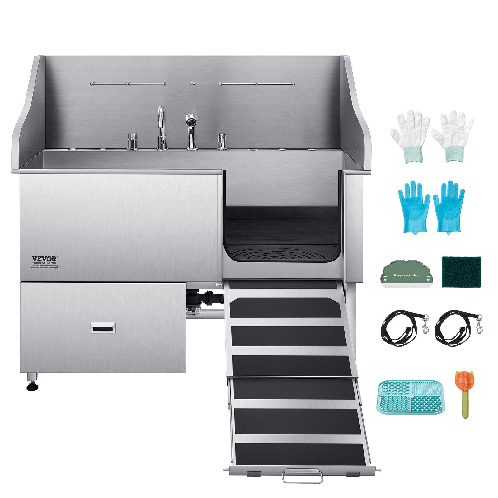 Pet Grooming Supplies: VEVOR 155 cm Dog Grooming Bath Tub Stainless Steel w Ramp Water Filter