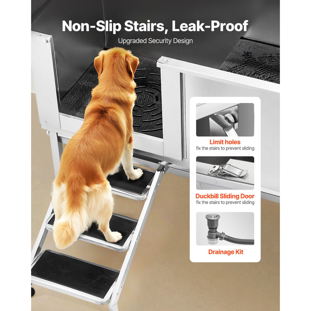 Stainless Steel Dog Washing Station, 157.48 cm Pet Grooming Tub w/ Stairs, PE Water Filter Board, Faucet & Showerhead & Soap Holder Dog Bathtub for Large & Medium & Small Pets (Left Door)