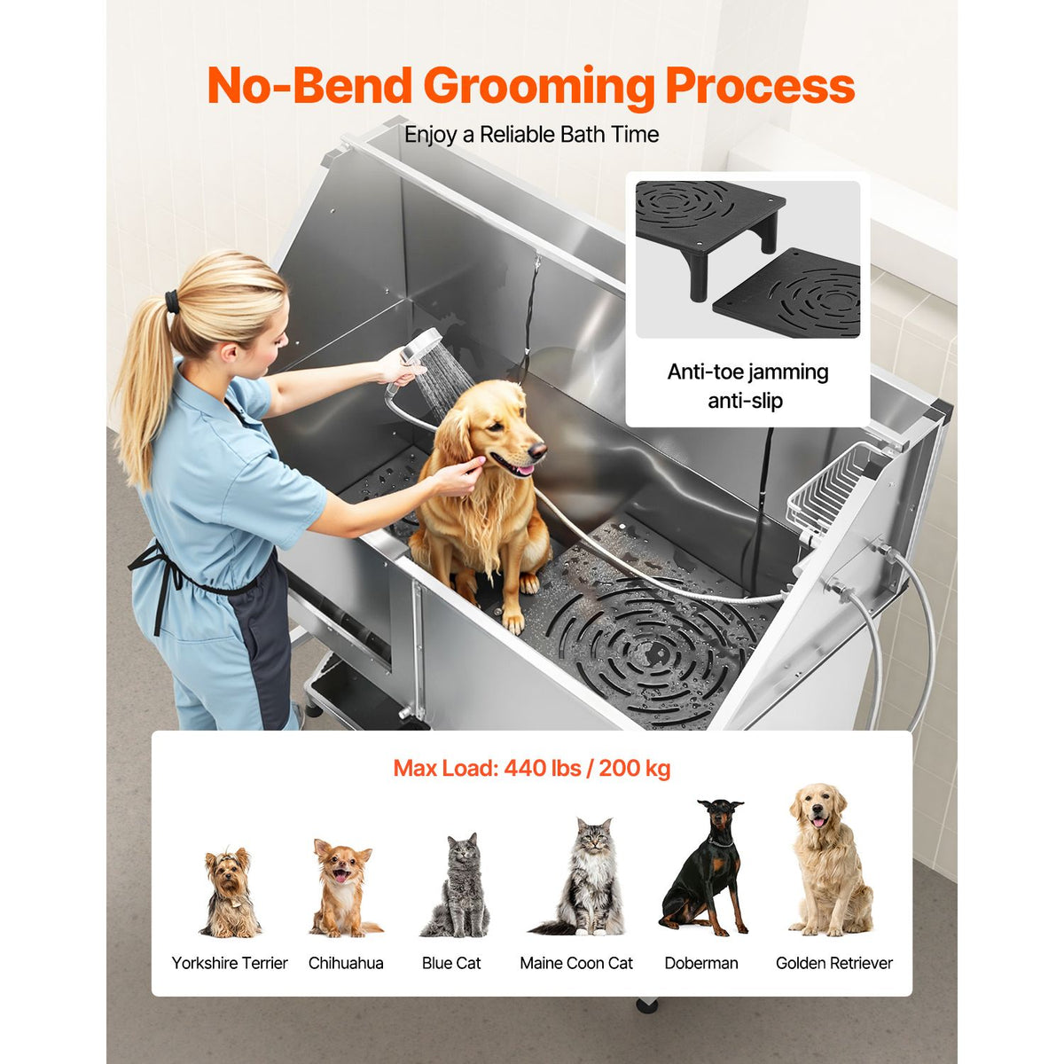 Stainless Steel Dog Washing Station, 157.48 cm Pet Grooming Tub w/ Stairs, PE Water Filter Board, Faucet & Showerhead & Soap Holder Dog Bathtub for Large & Medium & Small Pets (Left Door)