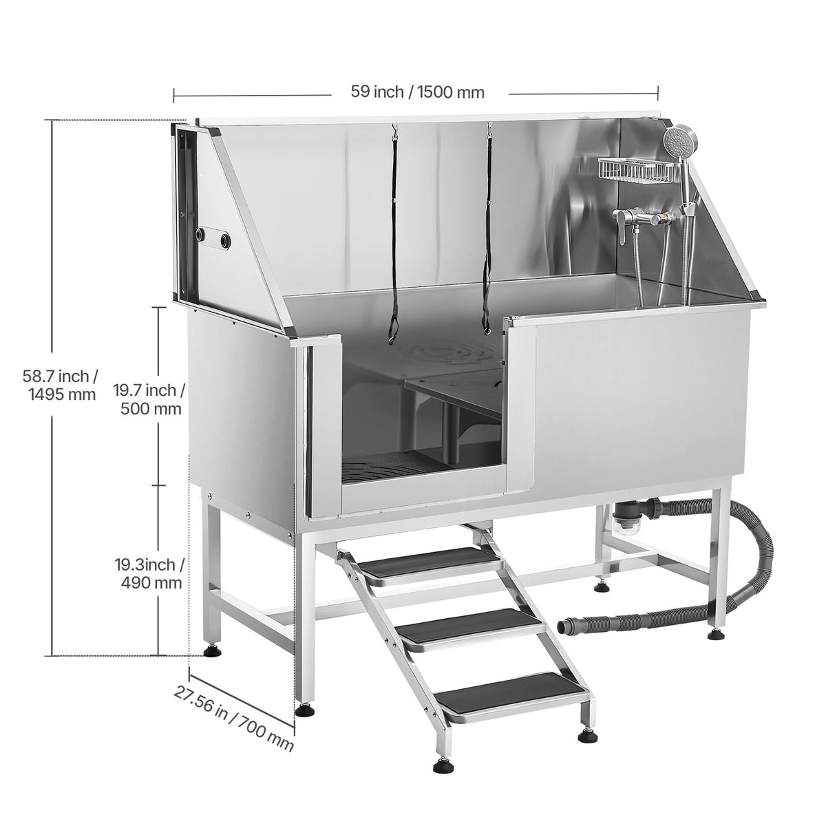 Stainless Steel Dog Washing Station, 157.48 cm Pet Grooming Tub w/ Stairs, PE Water Filter Board, Faucet & Showerhead & Soap Holder Dog Bathtub for Large & Medium & Small Pets (Left Door)