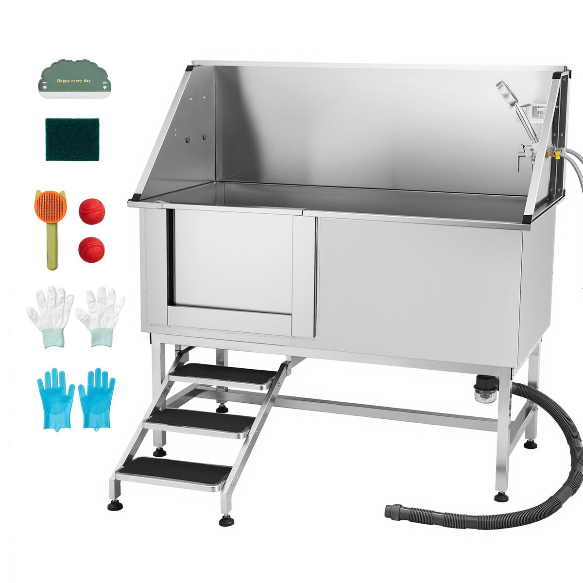 Stainless Steel Dog Washing Station, 157.48 cm Pet Grooming Tub w/ Stairs, PE Water Filter Board, Faucet & Showerhead & Soap Holder Dog Bathtub for Large & Medium & Small Pets (Left Door)