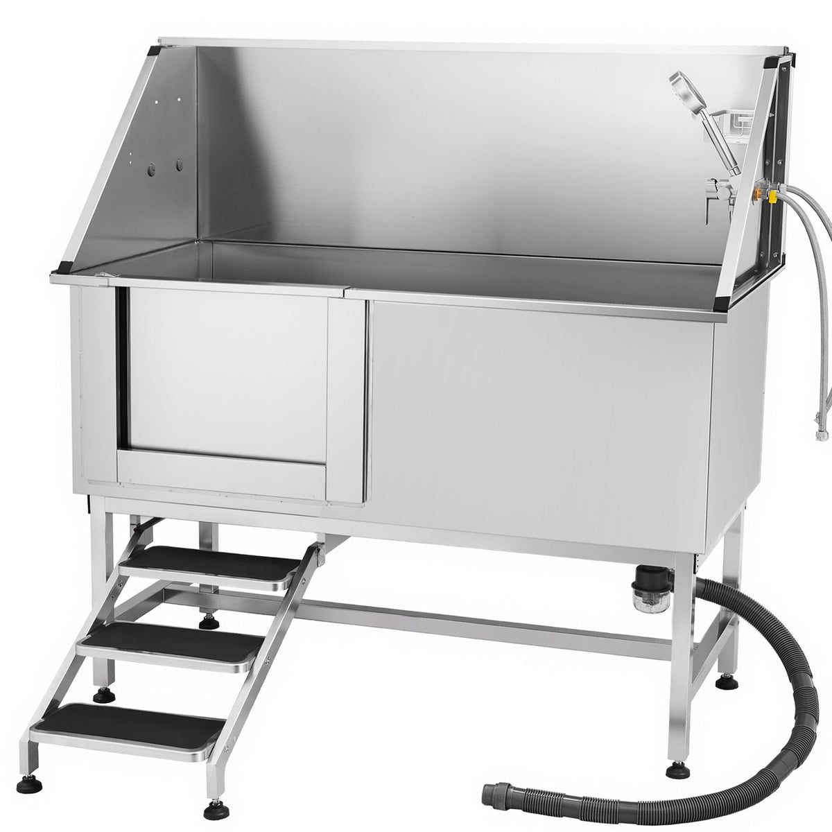 Stainless Steel Dog Washing Station, 157.48 cm Pet Grooming Tub w/ Stairs, PE Water Filter Board, Faucet & Showerhead & Soap Holder Dog Bathtub for Large & Medium & Small Pets (Left Door)