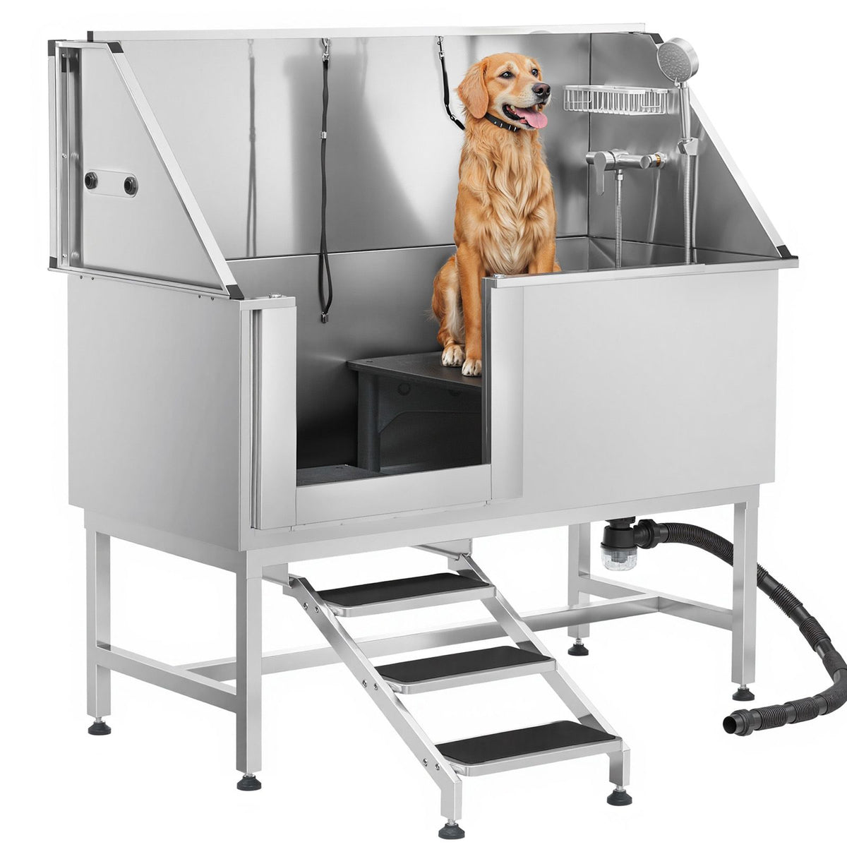 Stainless Steel Dog Washing Station, 157.48 cm Pet Grooming Tub w/ Stairs, PE Water Filter Board, Faucet & Showerhead & Soap Holder Dog Bathtub for Large & Medium & Small Pets (Left Door)
