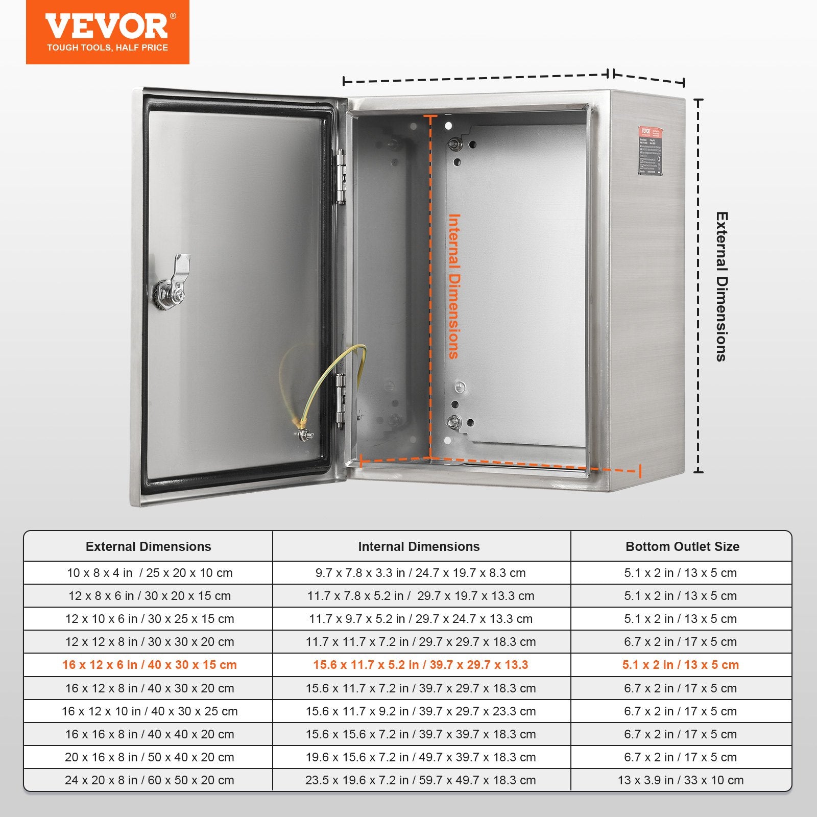 Automotive Repair & Speciality Tools: VEVOR Steel Electrical Box, 40x30x15 cm, 304 Stainless Steel Electrical Enclosure Box, Wall-Mounted Outdoor Electrical Electronic Equipment Enclosure with Mounting Plate Hinges Lock, IP66 Waterproof