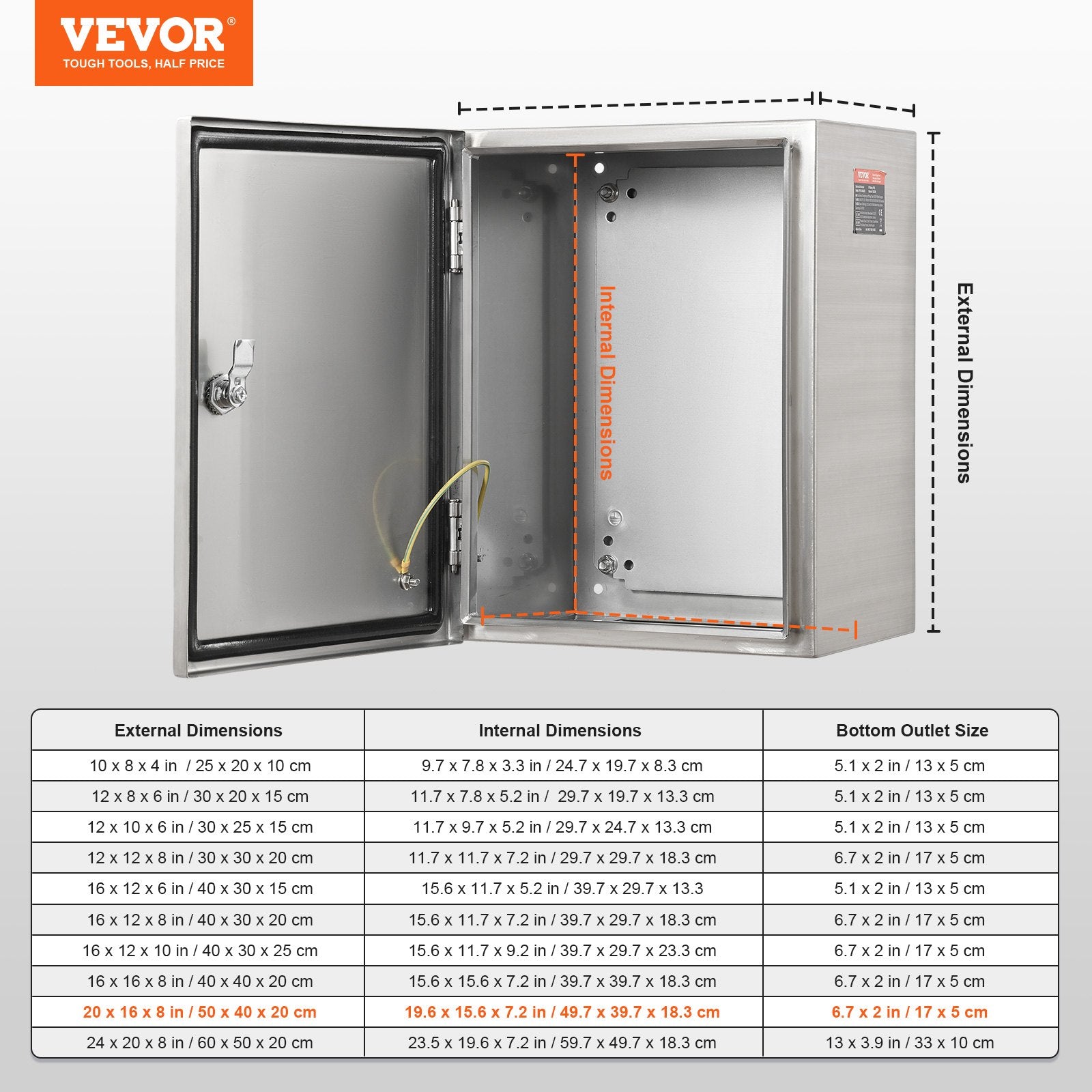 Automotive Repair & Speciality Tools: VEVOR Steel Electrical Box, 50x40x20 cm, 304 Stainless Steel Electrical Enclosure Box, Wall-Mounted Outdoor Electrical Electronic Equipment Enclosure with Mounting Plate Hinges Lock, IP66 Waterproof