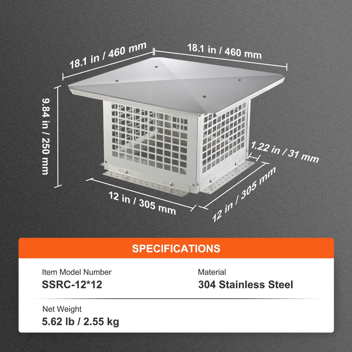 Chimney Cap 304.8 x 304.8mm, 304 Stainless Steel Fireplace Chimney Cover, Not Easily Toppled & Practical Accessories & Easy Installation, Fits Mesh Flue Covers Outside Clay Flue Shingles, Silver