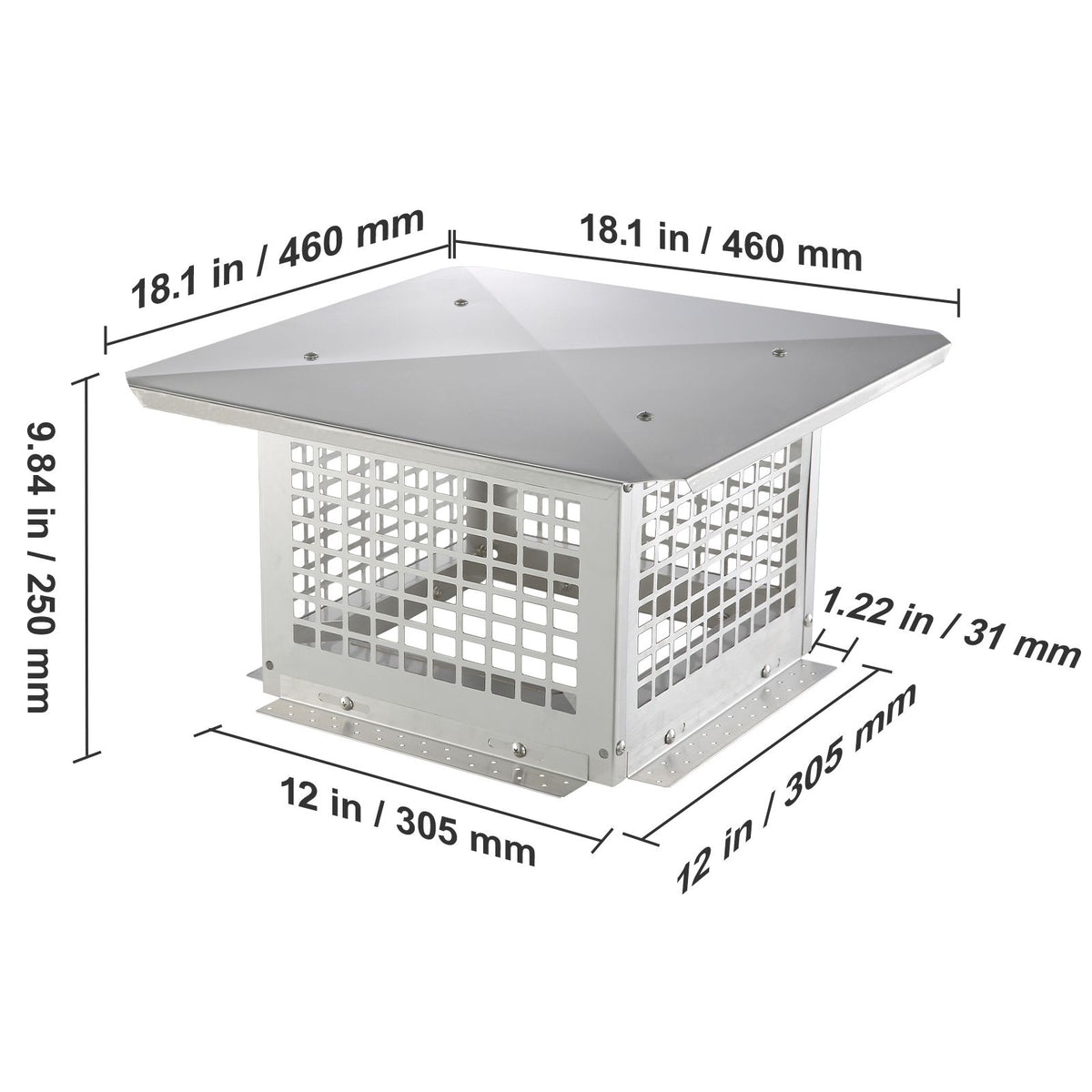 Chimney Cap 304.8 x 304.8mm, 304 Stainless Steel Fireplace Chimney Cover, Not Easily Toppled & Practical Accessories & Easy Installation, Fits Mesh Flue Covers Outside Clay Flue Shingles, Silver