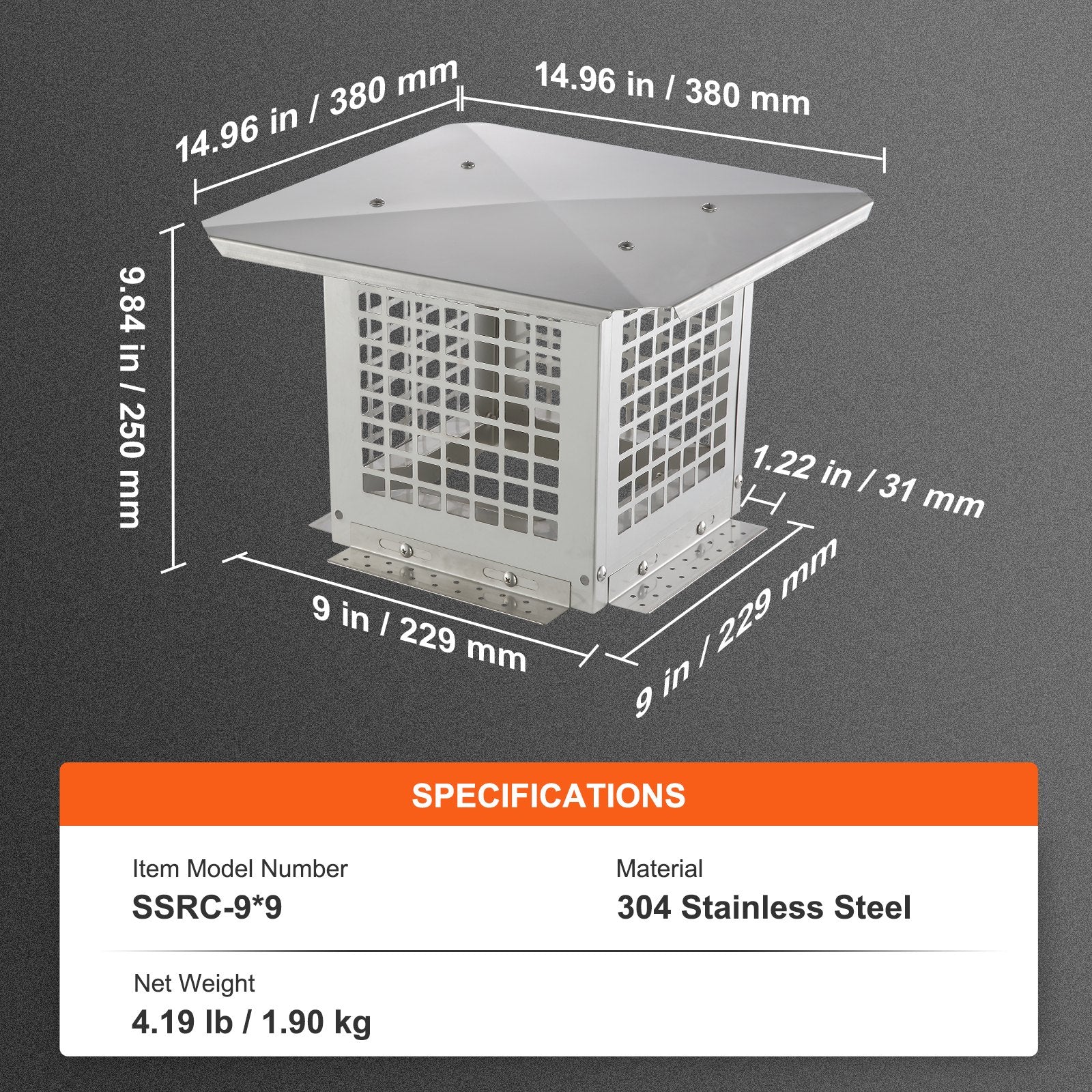 Swimming Pools: VEVOR Chimney Cap 9” x 9” 304Stainless Steel Fireplace Flue Caps Cover Mesh