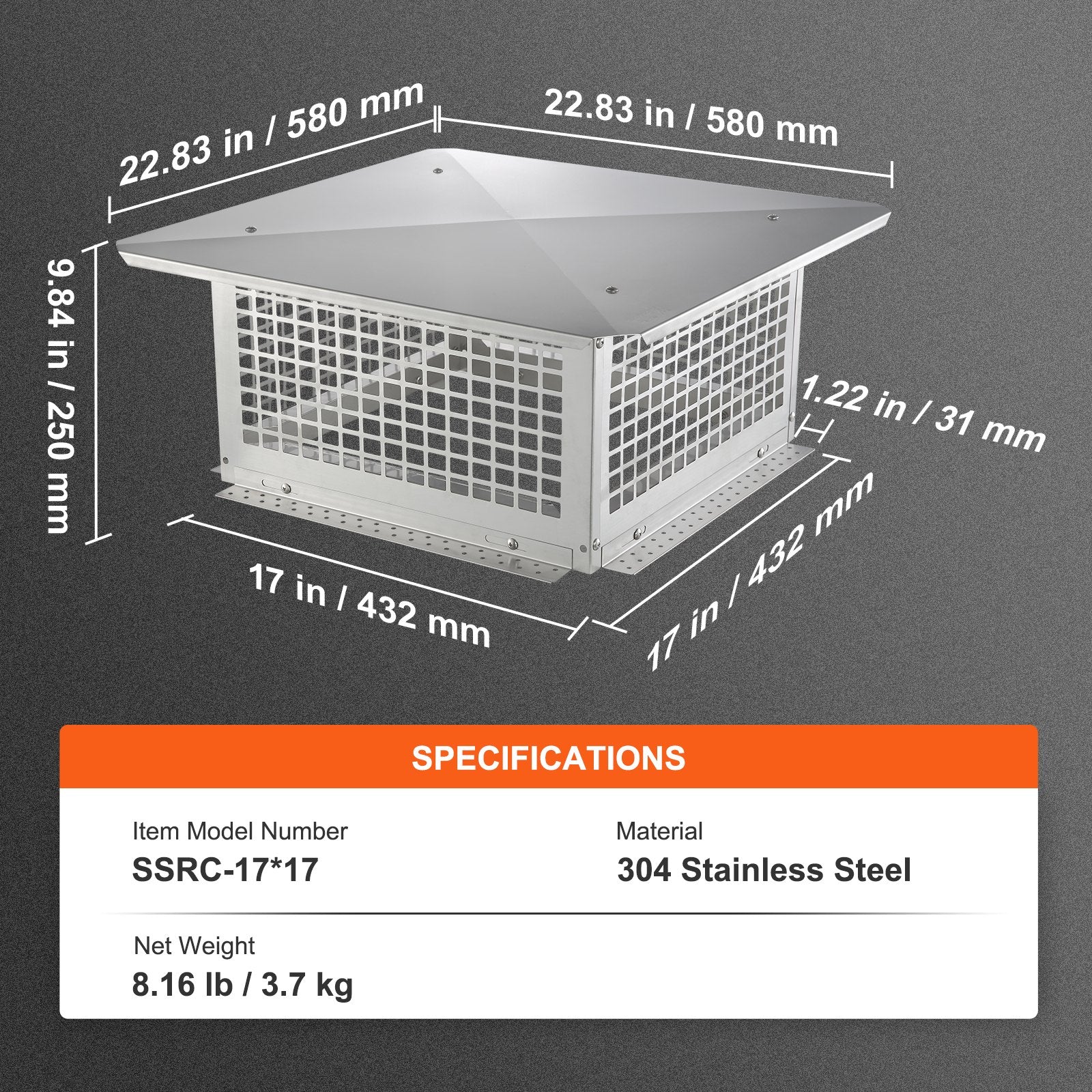 Swimming Pools: VEVOR Chimney Cap 17” x 17” 304Stainless Steel Fireplace Flue Caps Cover Mesh