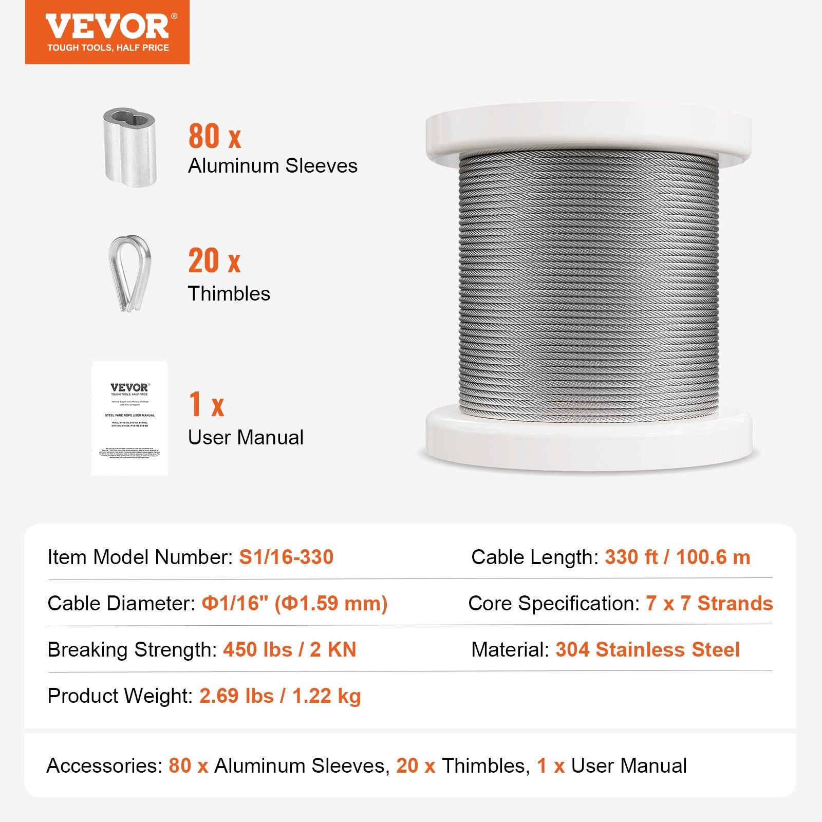 Self Care Hampers: VEVOR Wire Rope Kit, 1.59 mm 100.6 m 304 Stainless Steel Cable with 80 Sleeves and 20 Thimbles, 2KN Breaking Strength, 7 x 7 Strands Marine Aircraft Grade for Handrail Stair Decking Fence Outdoors
