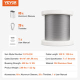 Self Care Hampers: VEVOR Wire Rope Kit, 1.59 mm 100.6 m 304 Stainless Steel Cable with 80 Sleeves and 20 Thimbles, 2KN Breaking Strength, 7 x 7 Strands Marine Aircraft Grade for Handrail Stair Decking Fence Outdoors