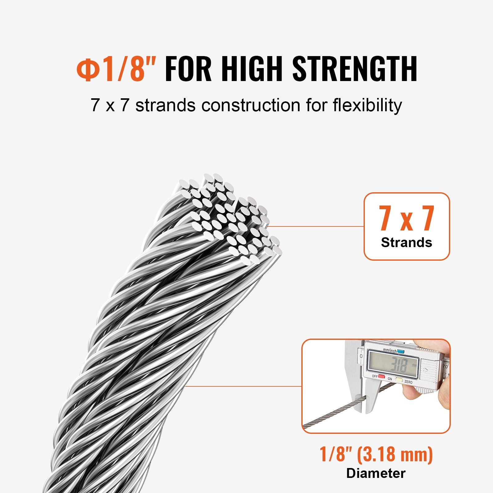 Automotive Repair & Speciality Tools: VEVOR T316 Stainless Steel Cable 3.18mm 7x7 Steel Wire Rope 182.3m Cable Railing