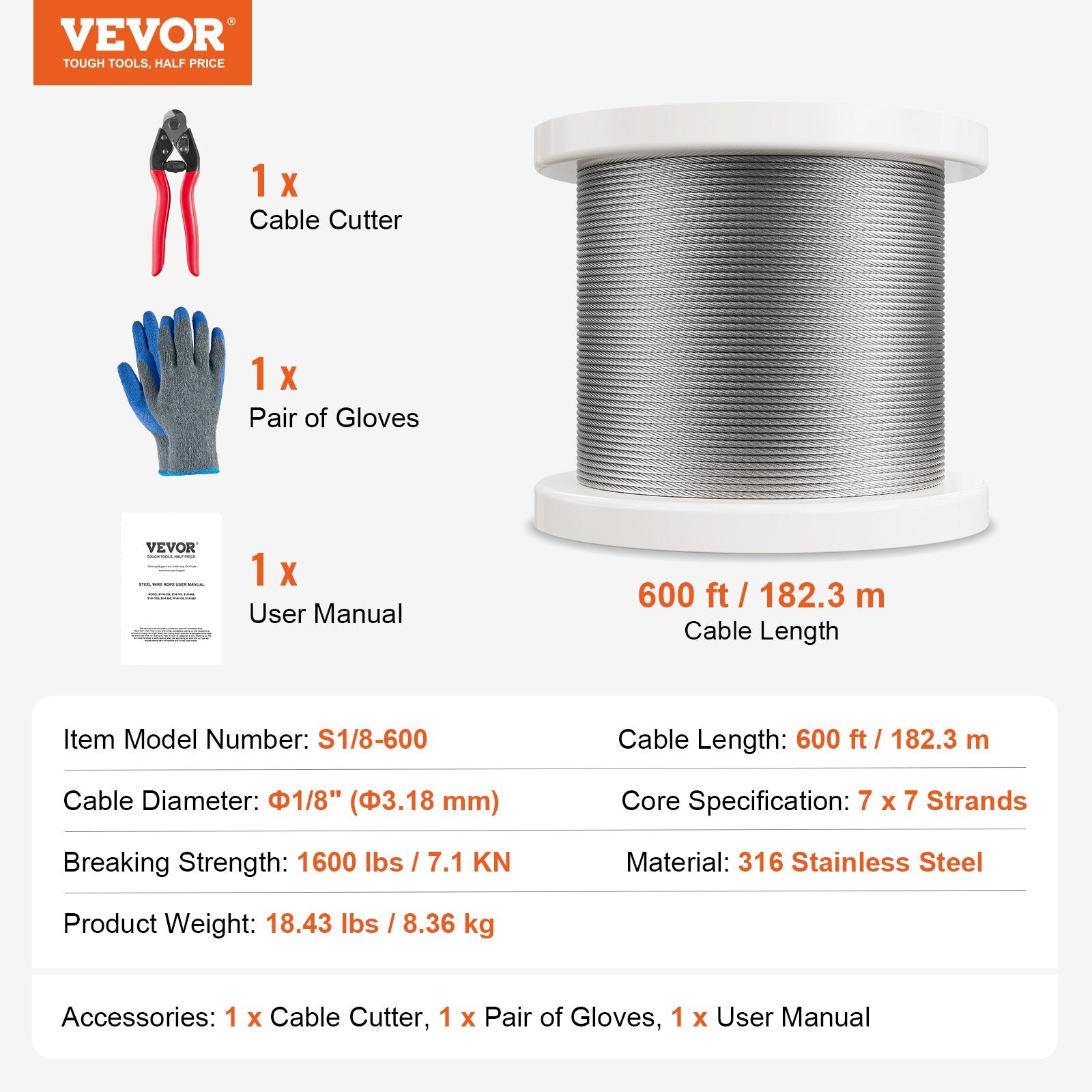 Automotive Repair & Speciality Tools: VEVOR T316 Stainless Steel Cable 3.18mm 7x7 Steel Wire Rope 182.3m Cable Railing