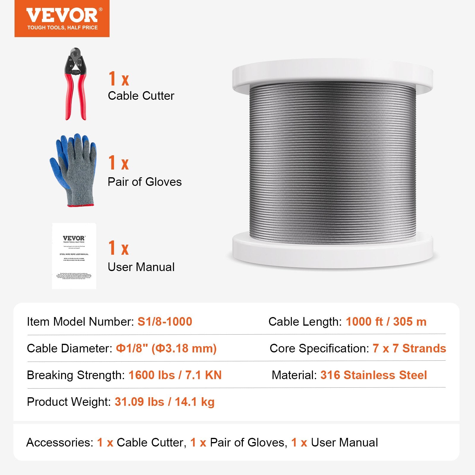 Self Care Hampers: VEVOR Wire Rope Kit, 3.18 mm 305 m 316 Stainless Steel Cable with Cutter and Gloves, 7.1KN Breaking Strength, 7x7 Strands Construction Marine Aircraft Grade for Handrail Stair Decking Fence Outdoors