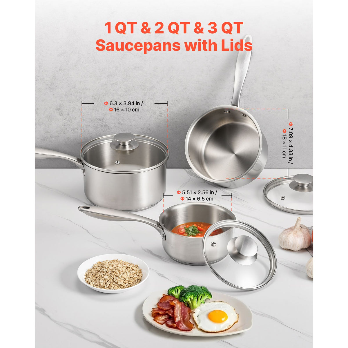 Stainless Steel Saucepan Set, 1 QT & 2 QT & 3 QT Saucepans with Glass Lids, Multipurpose Nonstick Stainless Steel Sauce Pot with Ergonomic Handle, Friendly for Oven, Dishwasher, Induction Cooker