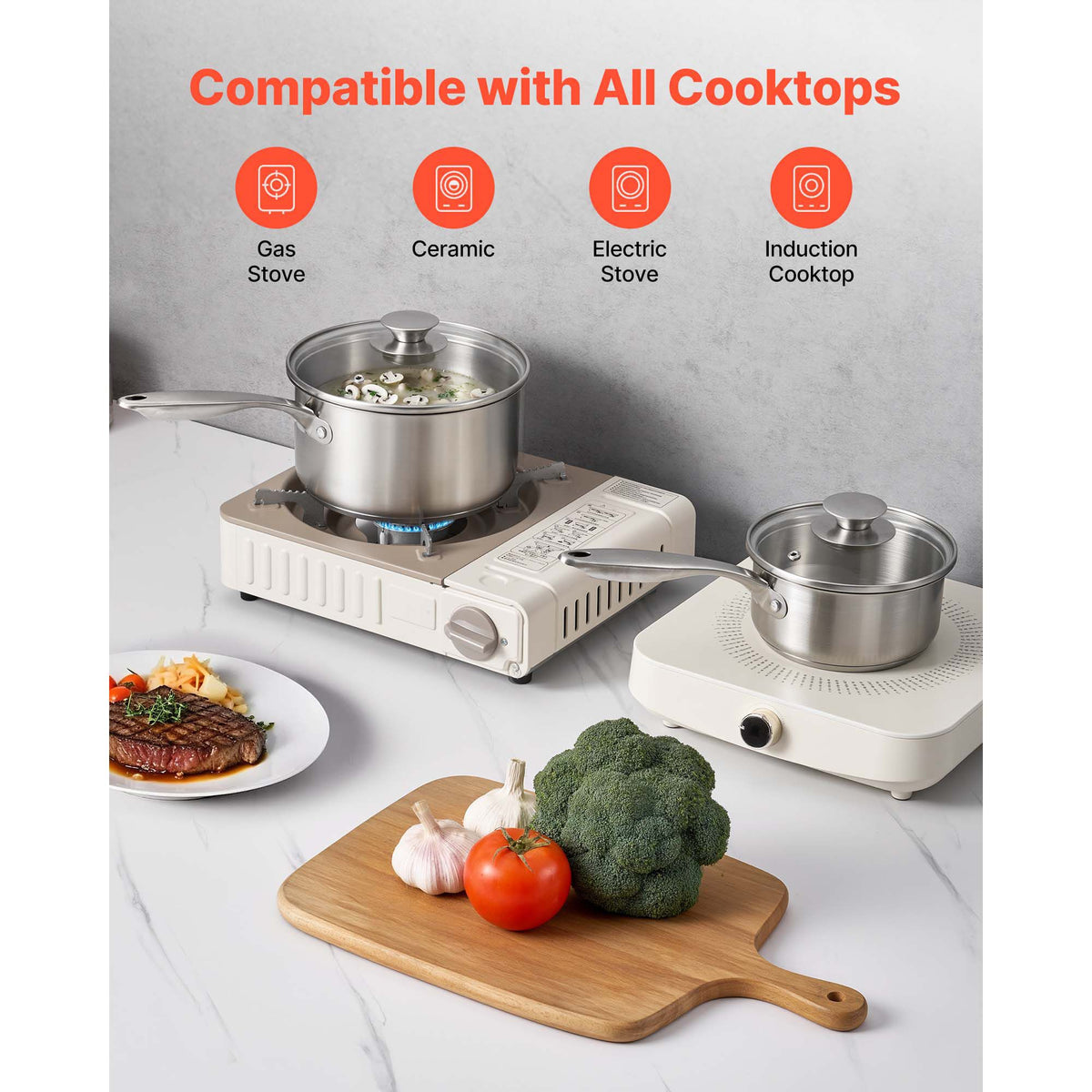Stainless Steel Saucepan Set, 1 QT & 2 QT & 3 QT Saucepans with Glass Lids, Multipurpose Nonstick Stainless Steel Sauce Pot with Ergonomic Handle, Friendly for Oven, Dishwasher, Induction Cooker