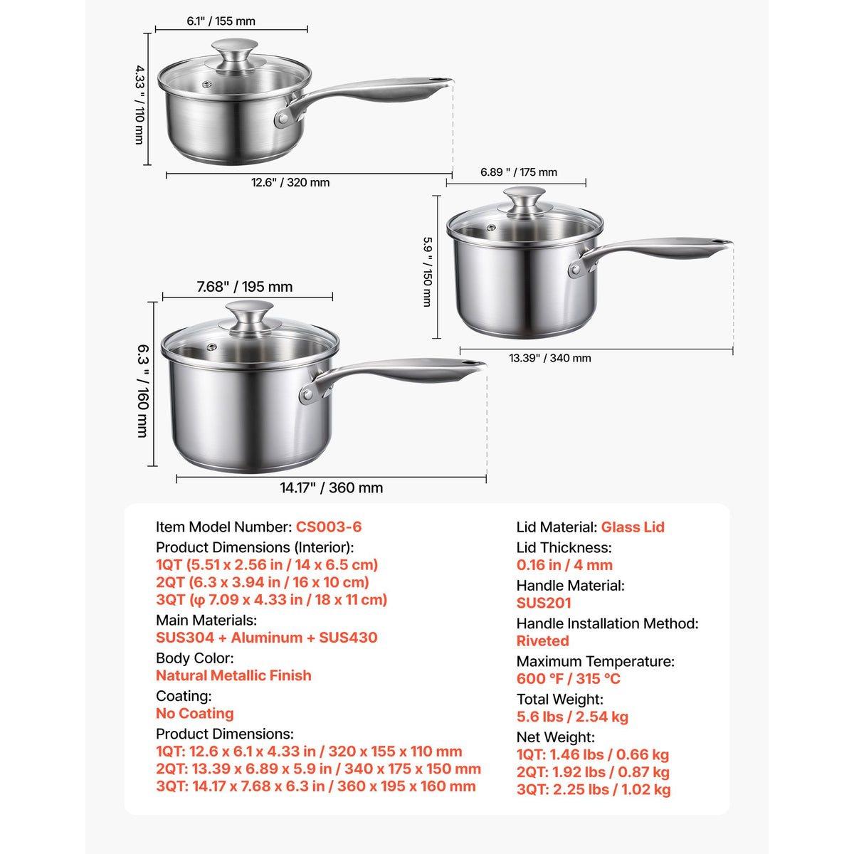Stainless Steel Saucepan Set, 1 QT & 2 QT & 3 QT Saucepans with Glass Lids, Multipurpose Nonstick Stainless Steel Sauce Pot with Ergonomic Handle, Friendly for Oven, Dishwasher, Induction Cooker