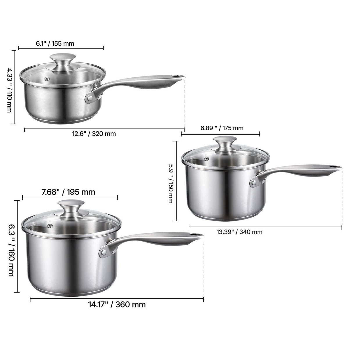 Stainless Steel Saucepan Set, 1 QT & 2 QT & 3 QT Saucepans with Glass Lids, Multipurpose Nonstick Stainless Steel Sauce Pot with Ergonomic Handle, Friendly for Oven, Dishwasher, Induction Cooker