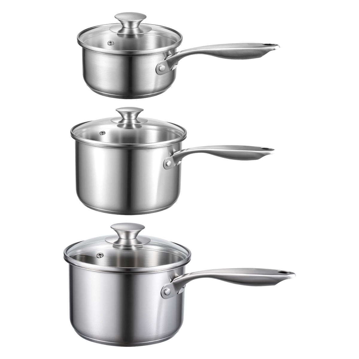 Stainless Steel Saucepan Set, 1 QT & 2 QT & 3 QT Saucepans with Glass Lids, Multipurpose Nonstick Stainless Steel Sauce Pot with Ergonomic Handle, Friendly for Oven, Dishwasher, Induction Cooker