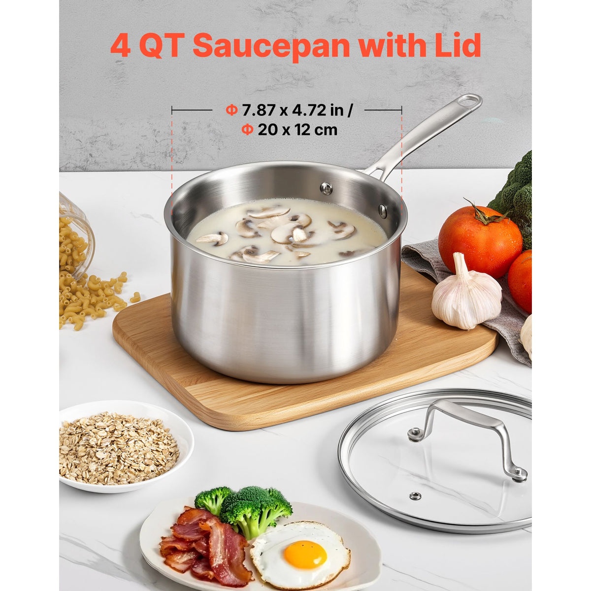 4 QT Saucepan, Stainless Steel Saucepan with Glass Lid, Multipurpose Nonstick Stainless Steel Small Cooking Sauce Pot with Ergonomic Handle, Friendly for Oven, Dishwasher, Induction Cooker