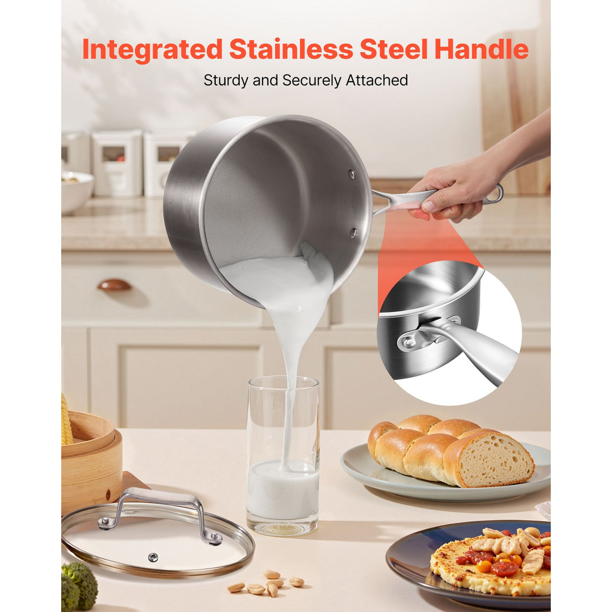 4 QT Saucepan, Stainless Steel Saucepan with Glass Lid, Multipurpose Nonstick Stainless Steel Small Cooking Sauce Pot with Ergonomic Handle, Friendly for Oven, Dishwasher, Induction Cooker