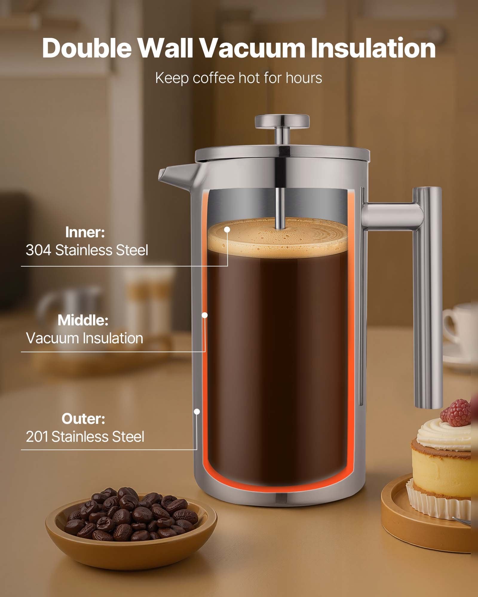 Distilling & Brewing: VEVOR French Press Coffee Maker, 1.5 Liter Stainless Steel Coffee Press Tea Maker with Filter, Large Double Wall Insulated French Presses Cold Brew for Camping Travel Home Kitchen, Silver