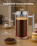 Distilling & Brewing: VEVOR French Press Coffee Maker, 1.5 Liter Stainless Steel Coffee Press Tea Maker with Filter, Large Double Wall Insulated French Presses Cold Brew for Camping Travel Home Kitchen, Silver
